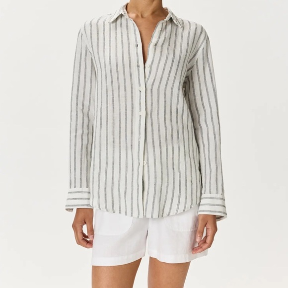 Quince Tops - Quince 100% European Linen Long Sleeve Button Up Shirt in Oatmeal/Black Stripe L
